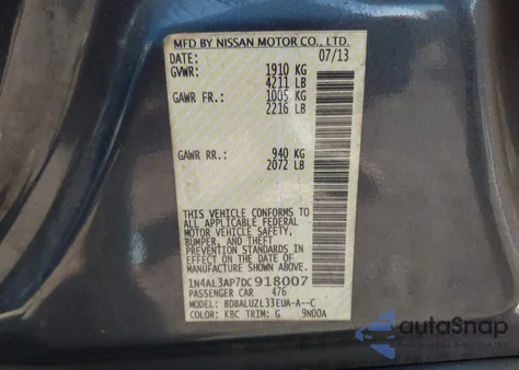 2013 Nissan Altima 2.5 Sv from USA, damaged, VIN 1N4AL3AP7DC918007
